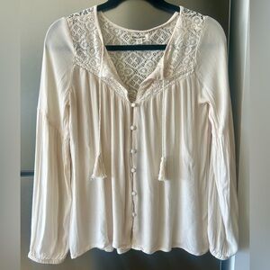 Billabong Lace Boho Blouse Medium Cream Cotton Tassel Top